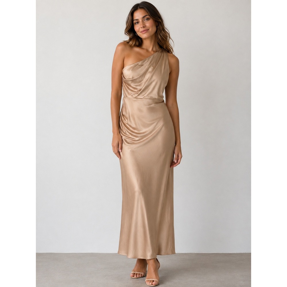 Birdy Grey One Shoulder Satin Maxi Dress Champagne Gold M